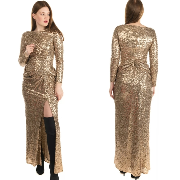 $899 NWT Badgley Mischka Gold Sequins Maxi Gown 14 - Picture 10 of 13